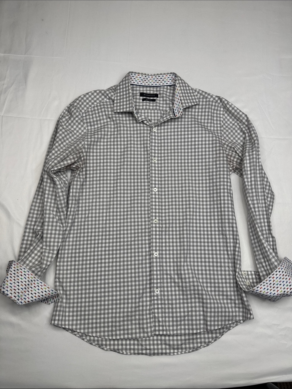 Bugatchi Gray White Gingham Dress Shirt novelty car Print Cuff Lining shaped fit